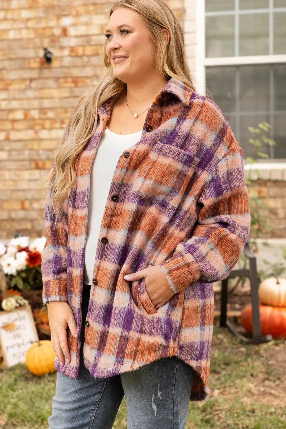 Plaid Collared Neck Long Sleeve Jacket - NovelleShoppe