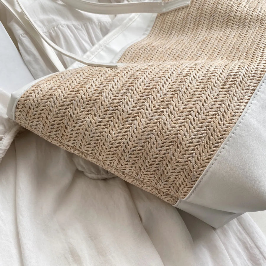 Straw Weave Leather Strap Tote Bag - NovelleShoppe