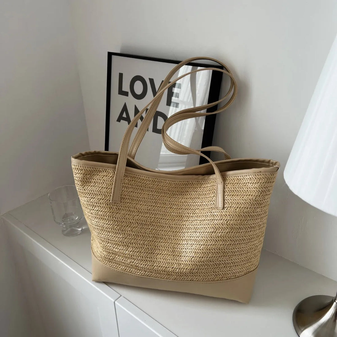 Straw Weave Leather Strap Tote Bag - NovelleShoppe
