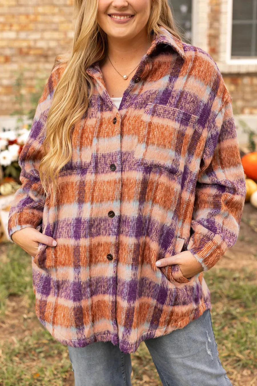 Plaid Collared Neck Long Sleeve Jacket - NovelleShoppe