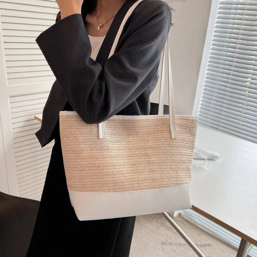 Straw Weave Leather Strap Tote Bag - NovelleShoppe