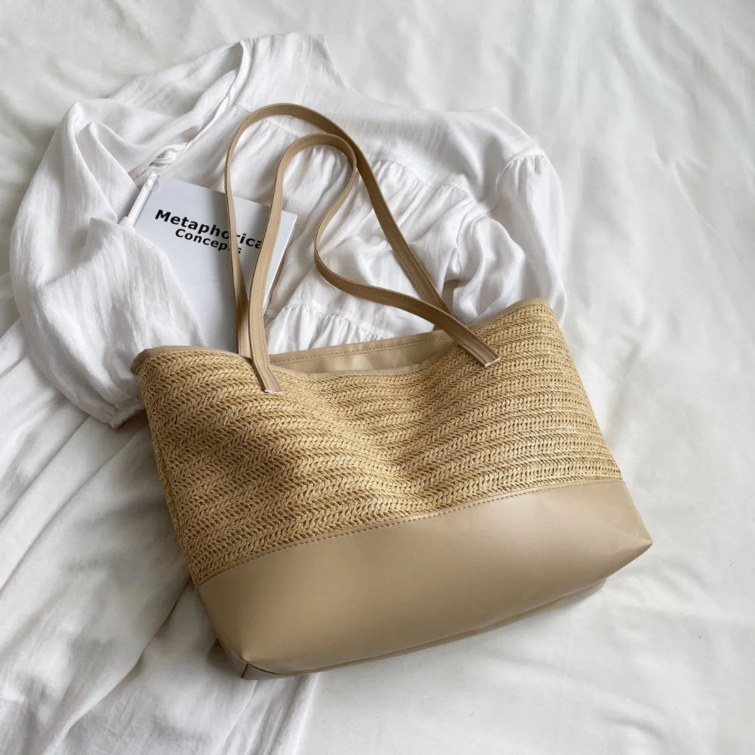 Straw Weave Leather Strap Tote Bag - NovelleShoppe