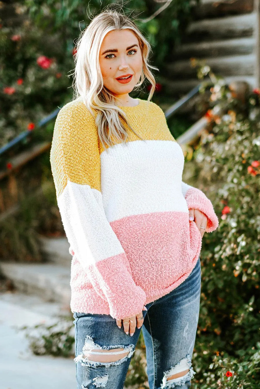 Color Block Round Neck Sweater - NovelleShoppe