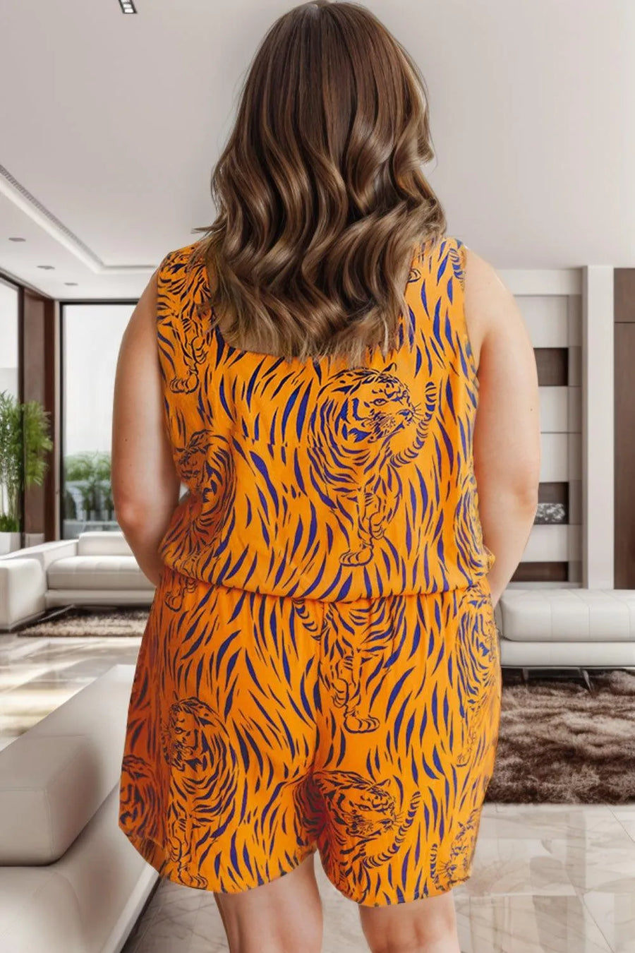 Tiger Printed V-Neck Sleeveless Romper - NovelleShoppe