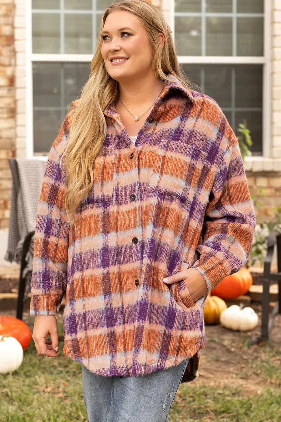 Plaid Collared Neck Long Sleeve Jacket - NovelleShoppe