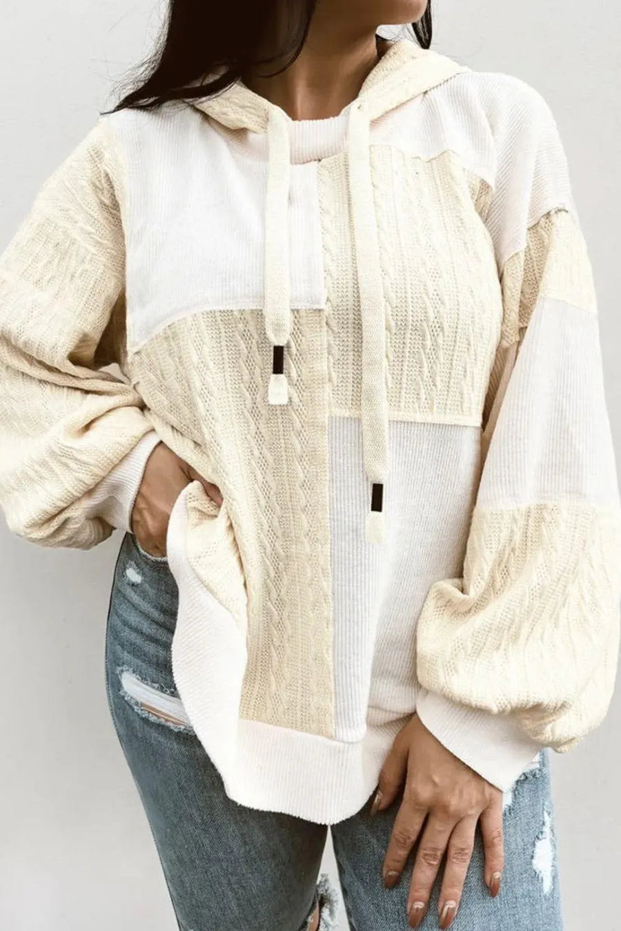 Drawstring Color Block Long Sleeve Hoodie - NovelleShoppe