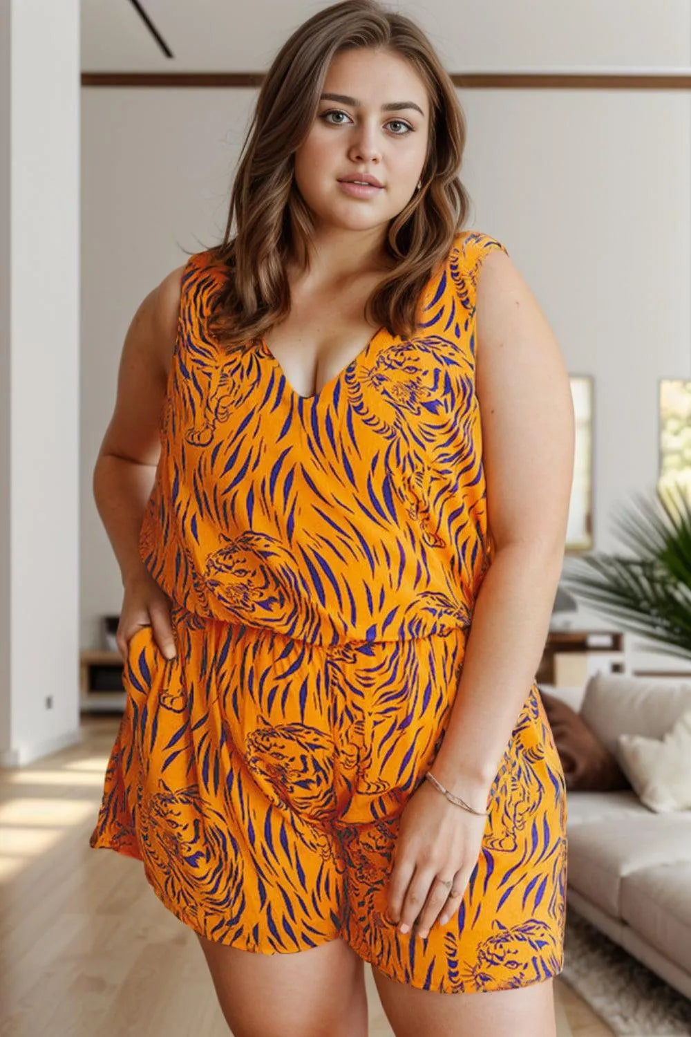 Tiger Printed V-Neck Sleeveless Romper - NovelleShoppe