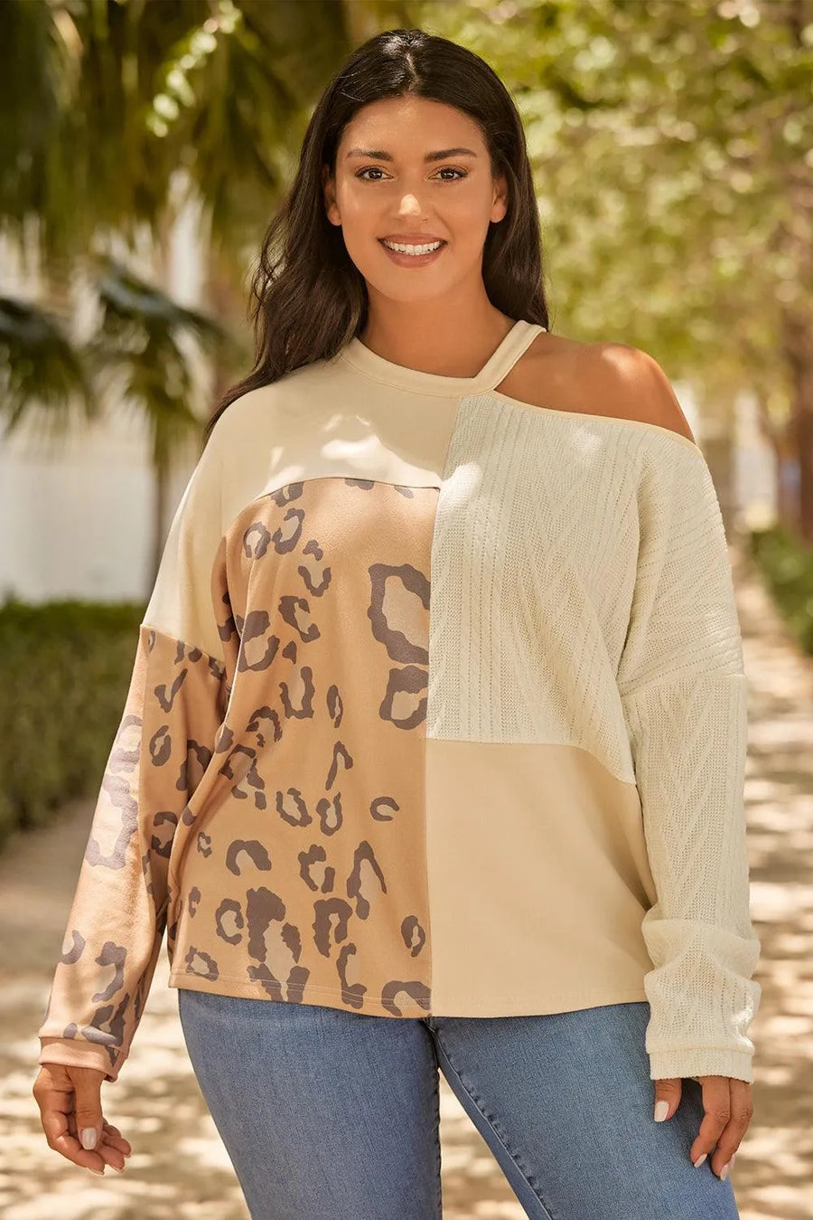 Leopard Color Block Long Sleeve T-Shirt - NovelleShoppe